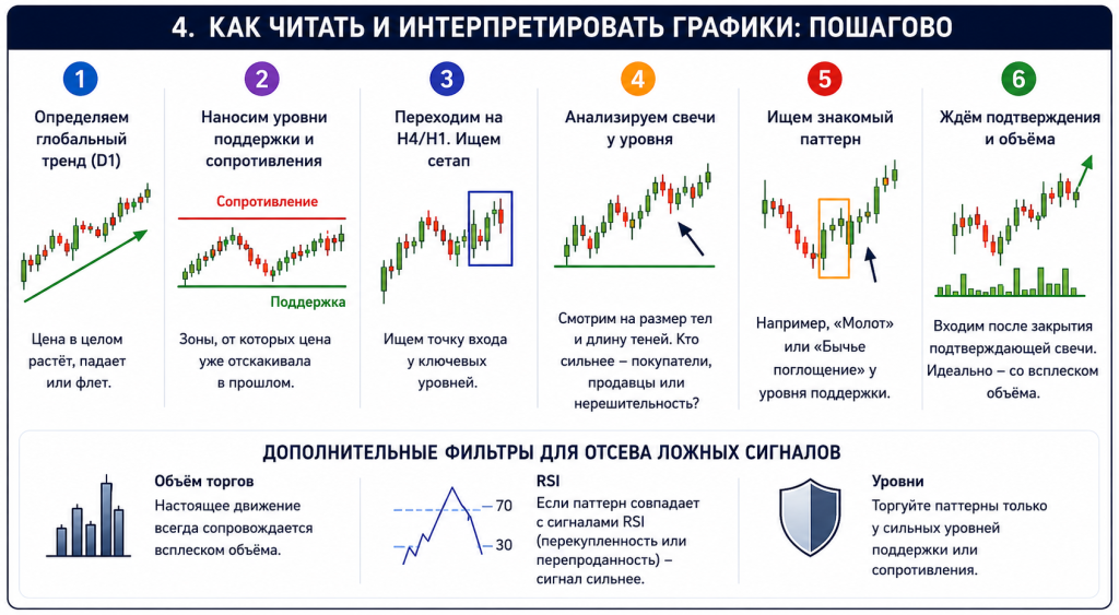 Пошаговый анализ свечного графика с поиском паттернов и подтверждением сигналов