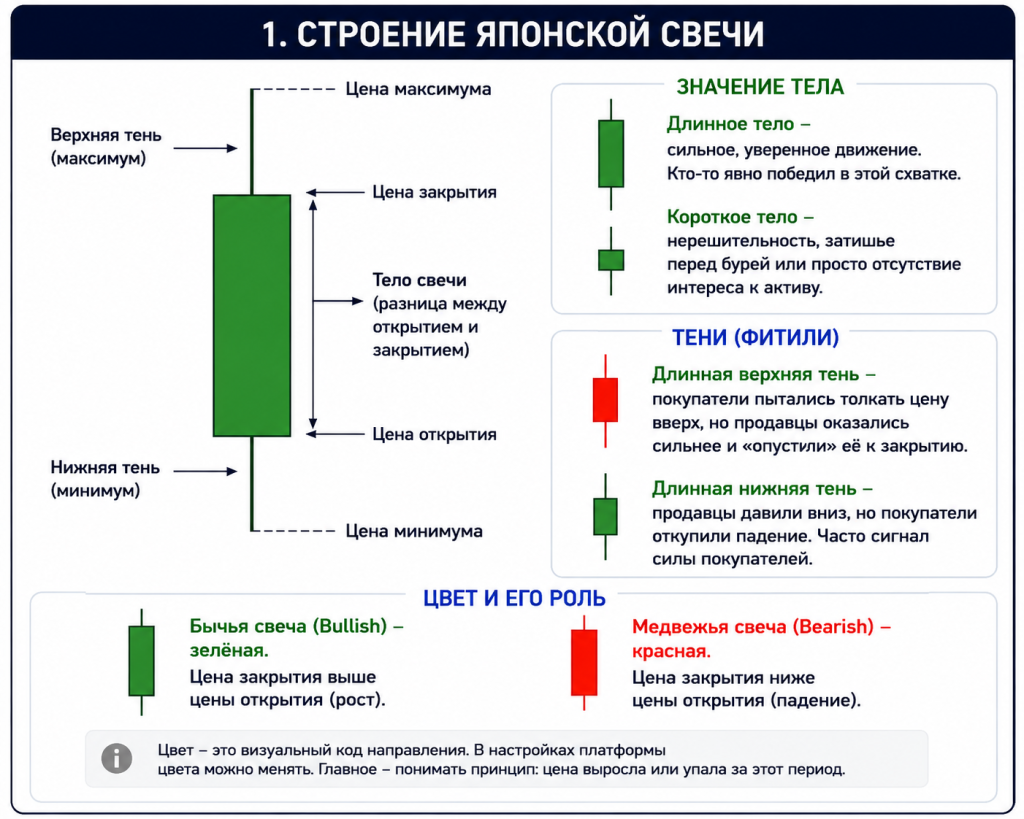 Строение японской свечи: тело, тени, цены открытия и закрытия